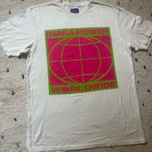 Inaka Power White Tee with Pink and Green Graphic